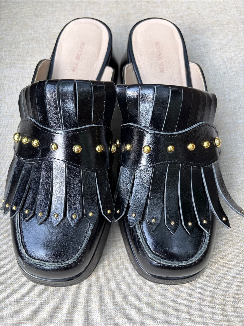 All Black Kiltie Stud Mule Leather Fringe Slip-On Mules with Gold Studs